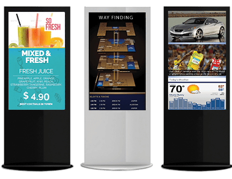 digital signage kiosks with menu content, digital directory, and news on screens showcasing custom content design